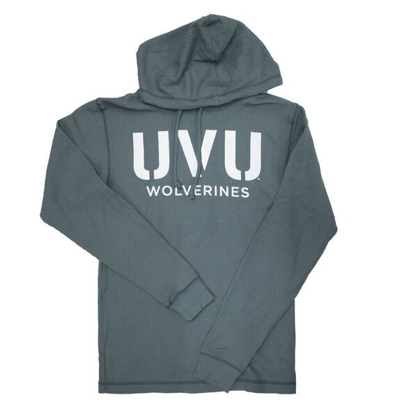 Women's Fit spruce green waffle knit long sleeve shirt with a hood and a large white UVU wolverines printed on the front.